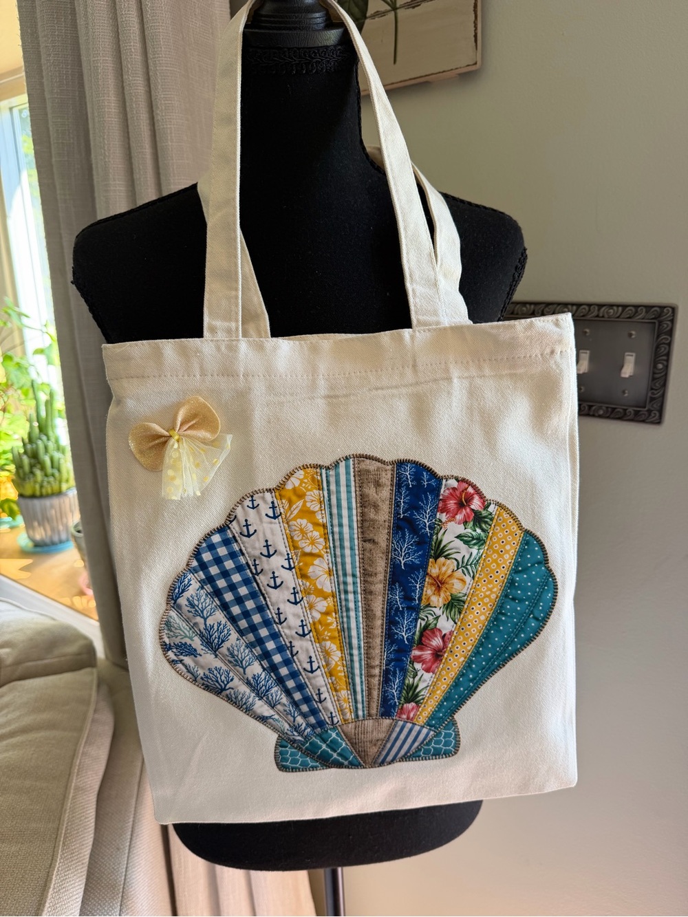Cream Canvas Tote with Multi-Pattern Shell Appliqué